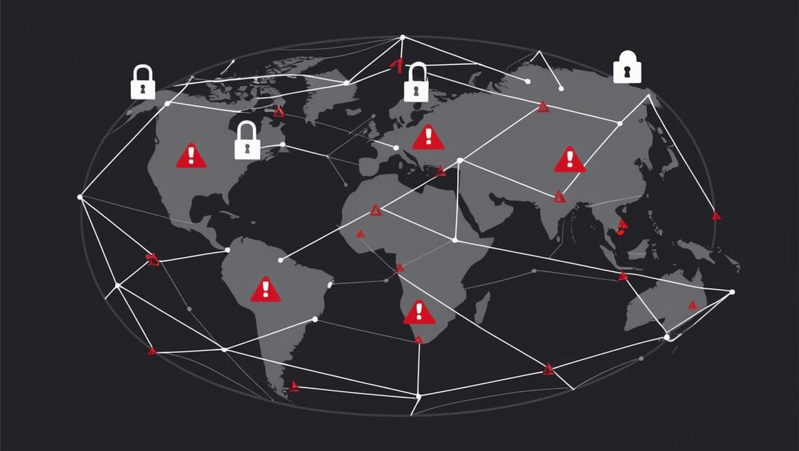 A dark stylized illustration of the world map depicting cyber threats.