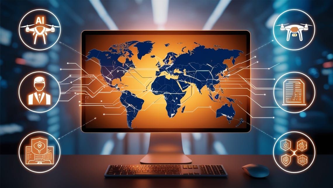 A glowing computer screen showing a map of the world.